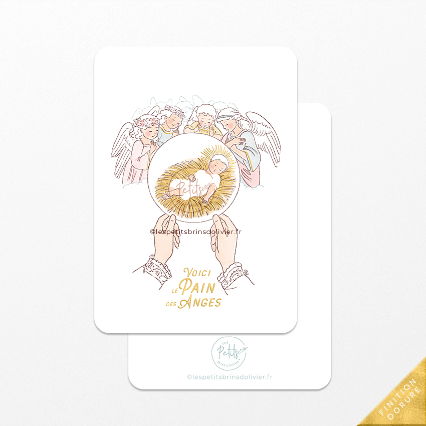 Image signet de première communion Voici le Pain des Anges, finition dorure "Or". Illustration originale ©Les Petits Brins d'Olivier - Isabelle Monnerot-Dumaine
