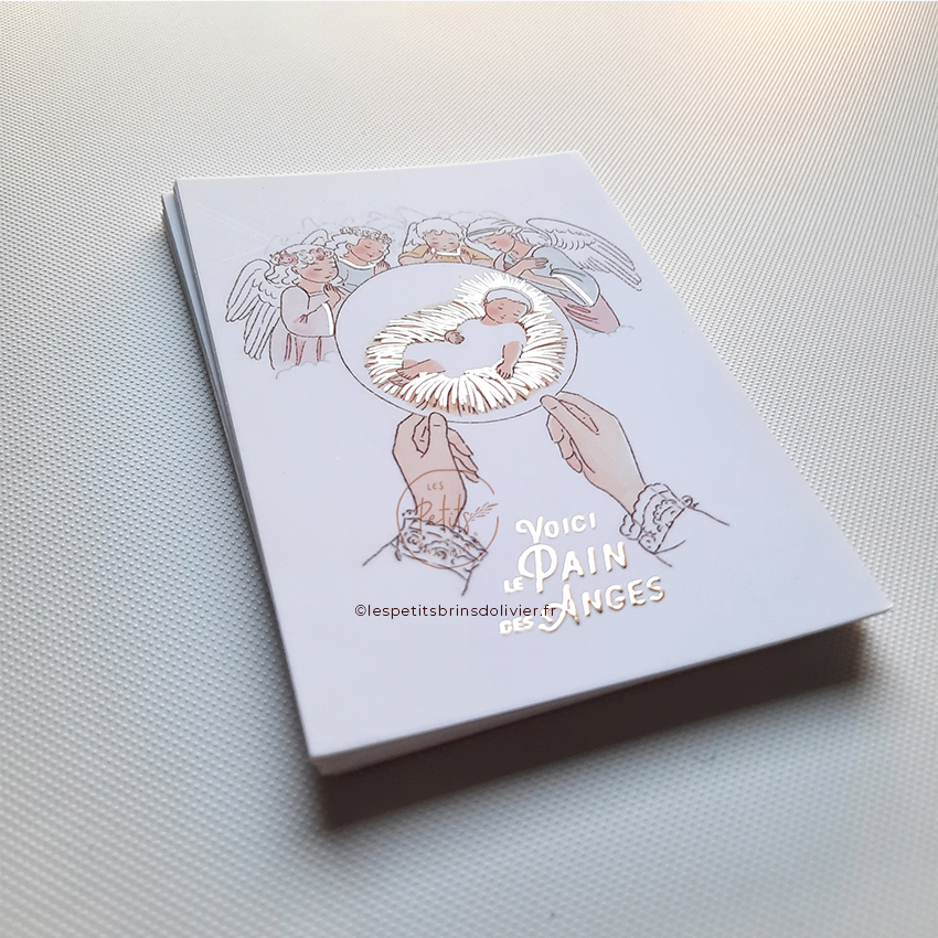 Image signet de première communion Voici le Pain des Anges, finition dorure "Or". Illustration originale ©Les Petits Brins d'Olivier - Isabelle Monnerot-Dumaine