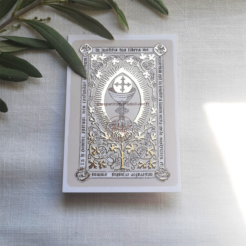 Image de première communion signet In te, Domine, speravi ; non confundar in aeternum. Finition dorure - Illustration ©Les Petits Brins d'Olivier - Isabelle Monnerot-Dumaine