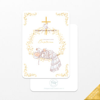Image signet "Souvenir de mon baptême, bébé allongé couronne végétale, sous l'Esprit Saint et croix" avec finition dorure - Illustration originale ©Les Petits Brins d’Olivier – Isabelle Monnerot-Dumaine.