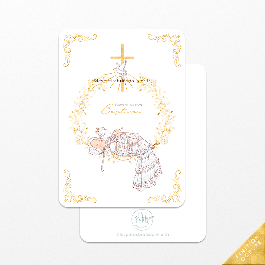 Image signet "Souvenir de mon baptême, bébé allongé couronne végétale, sous l'Esprit Saint et croix" avec finition dorure - Illustration originale ©Les Petits Brins d’Olivier – Isabelle Monnerot-Dumaine.