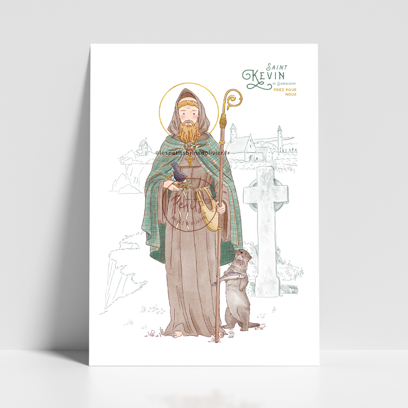 Saint Kevin de Glendalough - Affiche, carte prière illustration saint patron illustré - Illustration originale ©Les Petits Brins d’Olivier – Isabelle Monnerot-Dumaine.