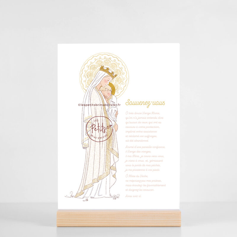 Grande carte prière "Souvenez-vous" Vierge Marie à l'Enfant d'après la statue de Notre-Dame de la Sagesse. Illustration originale ©Les Petits Brins d'Olivier - Isabelle Monnerot-Dumaine
