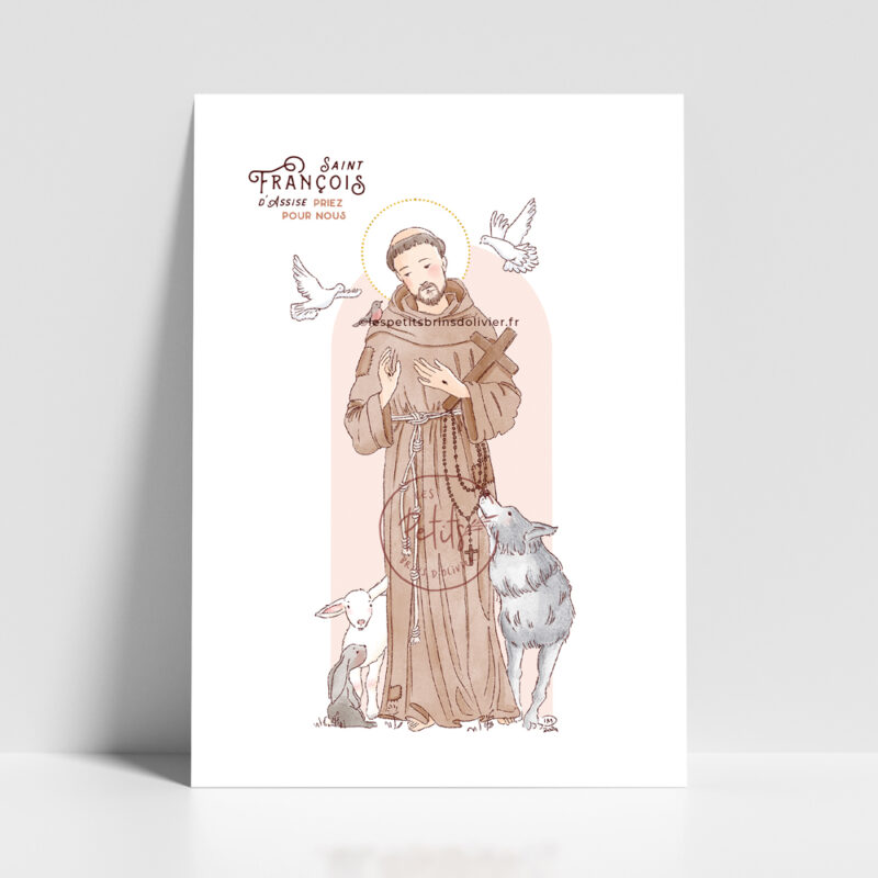 Saint François d'Assise - Affiche, carte prière illustration saint patron illustré - Illustration originale ©Les Petits Brins d’Olivier – Isabelle Monnerot-Dumaine.