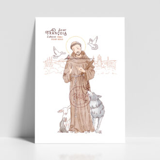 Saint François d'Assise - Affiche, carte prière illustration saint patron illustré - Illustration originale ©Les Petits Brins d’Olivier – Isabelle Monnerot-Dumaine.