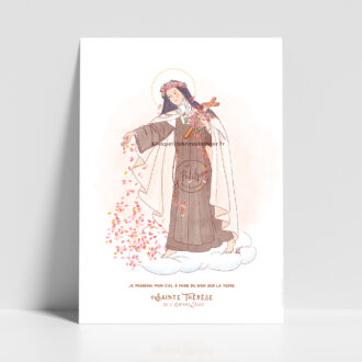 Illustration of Saint Thérèse of Lisieux: haloed nun in a brown habit with a white mantle, holding a cross with petals falling around her.