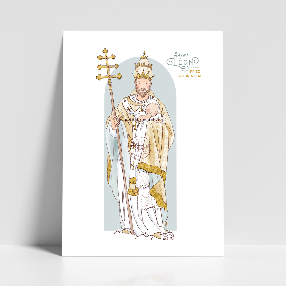 Saint Léon le Grand, Léon 1er - Affiche saint patron illustré - Illustration originale ©Les Petits Brins d’Olivier – Isabelle Monnerot-Dumaine.
