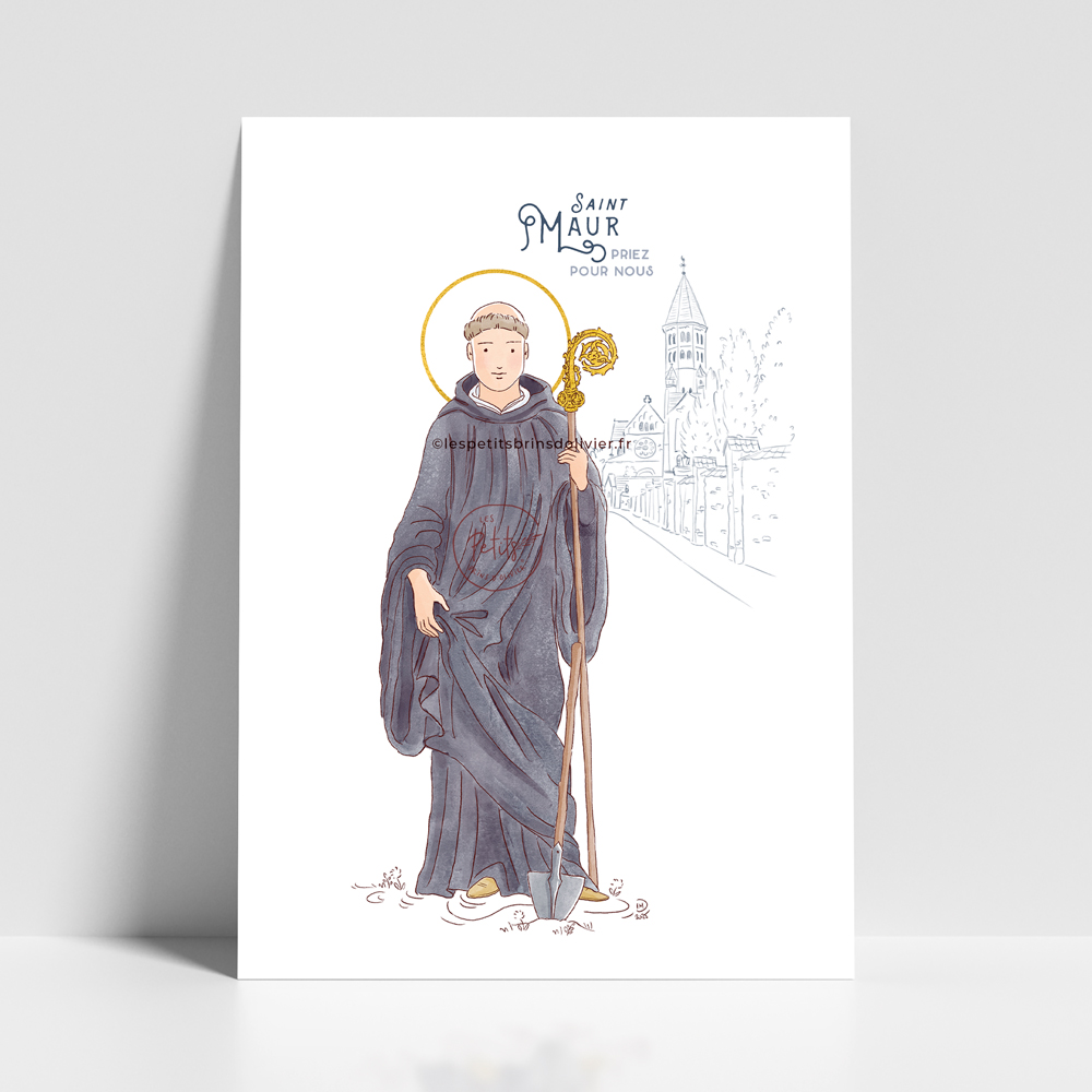 Saint Maur, Amaury, Amalric - Affiche saint patron illustré - Illustration originale ©Les Petits Brins d’Olivier – Isabelle Monnerot-Dumaine.