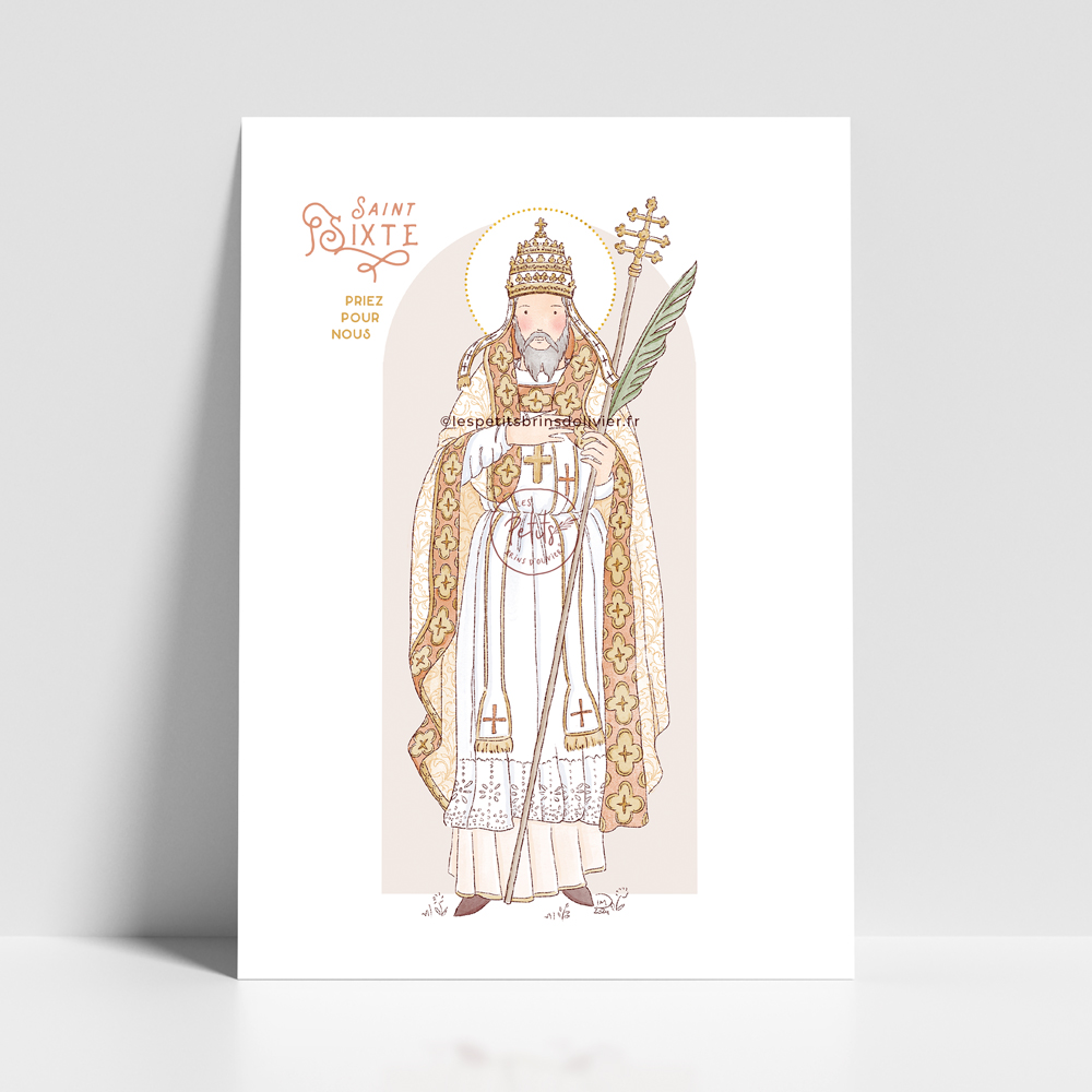 Saint Sixte 1er - Affiche saint patron illustré - Illustration originale ©Les Petits Brins d’Olivier – Isabelle Monnerot-Dumaine.