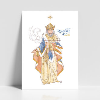 Saint Gaspard Roi Mage - Affiche saint patron illustré - Illustration originale ©Les Petits Brins d’Olivier – Isabelle Monnerot-Dumaine.
