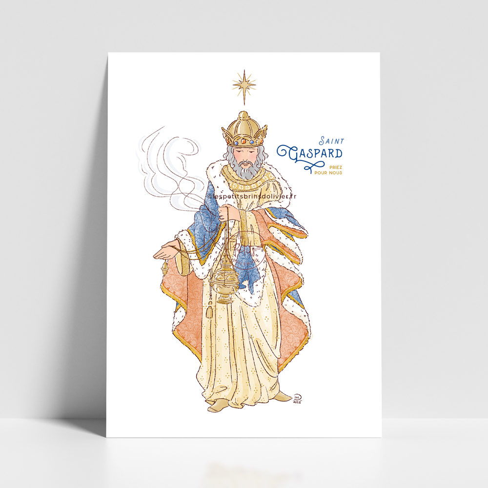Saint Gaspard Roi Mage - Affiche saint patron illustré - Illustration originale ©Les Petits Brins d’Olivier – Isabelle Monnerot-Dumaine.