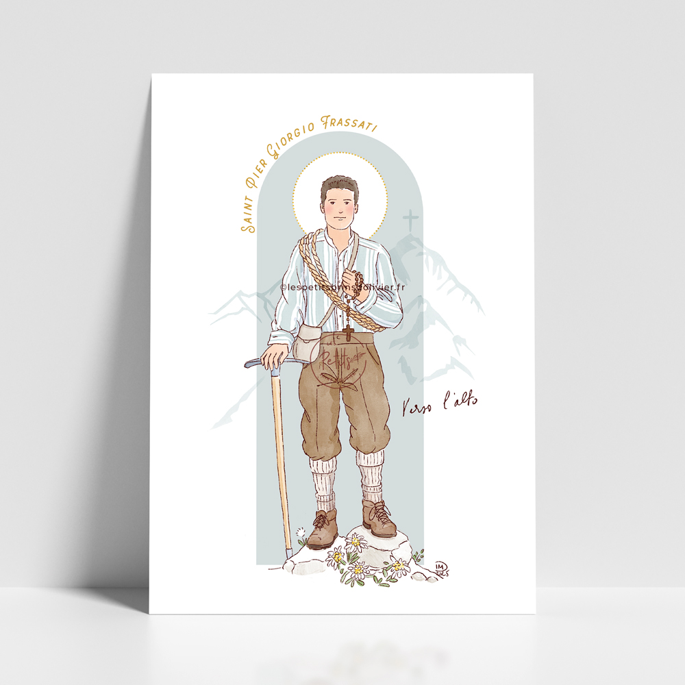 Saint Pier Giorgio Frassati - Affiche saint patron illustré - Illustration originale ©Les Petits Brins d’Olivier – Isabelle Monnerot-Dumaine.