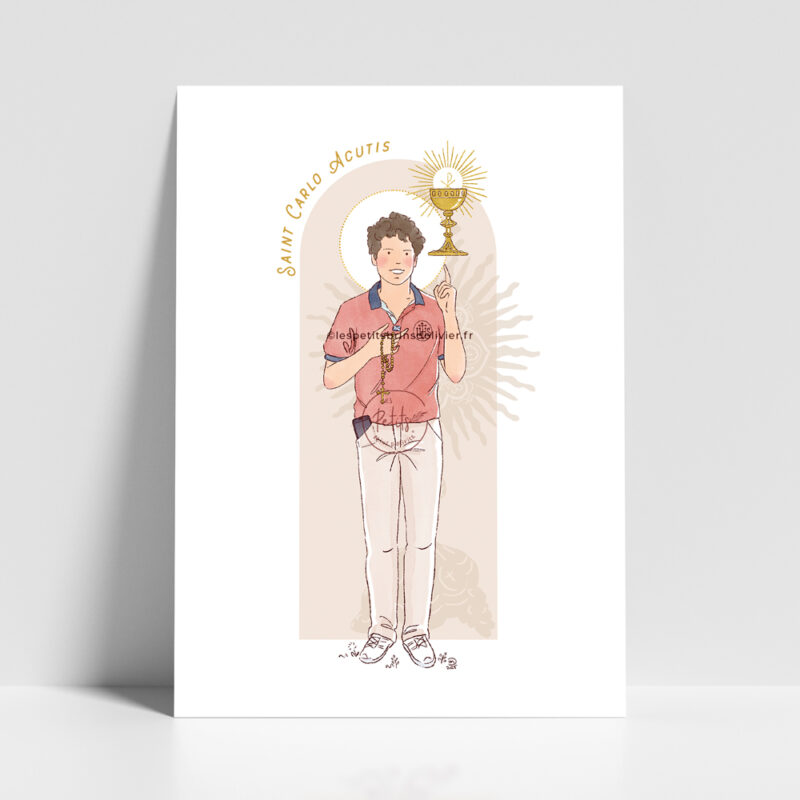 Saint Carlo Acutis - Affiche saint patron illustré - Illustration originale ©Les Petits Brins d’Olivier – Isabelle Monnerot-Dumaine.