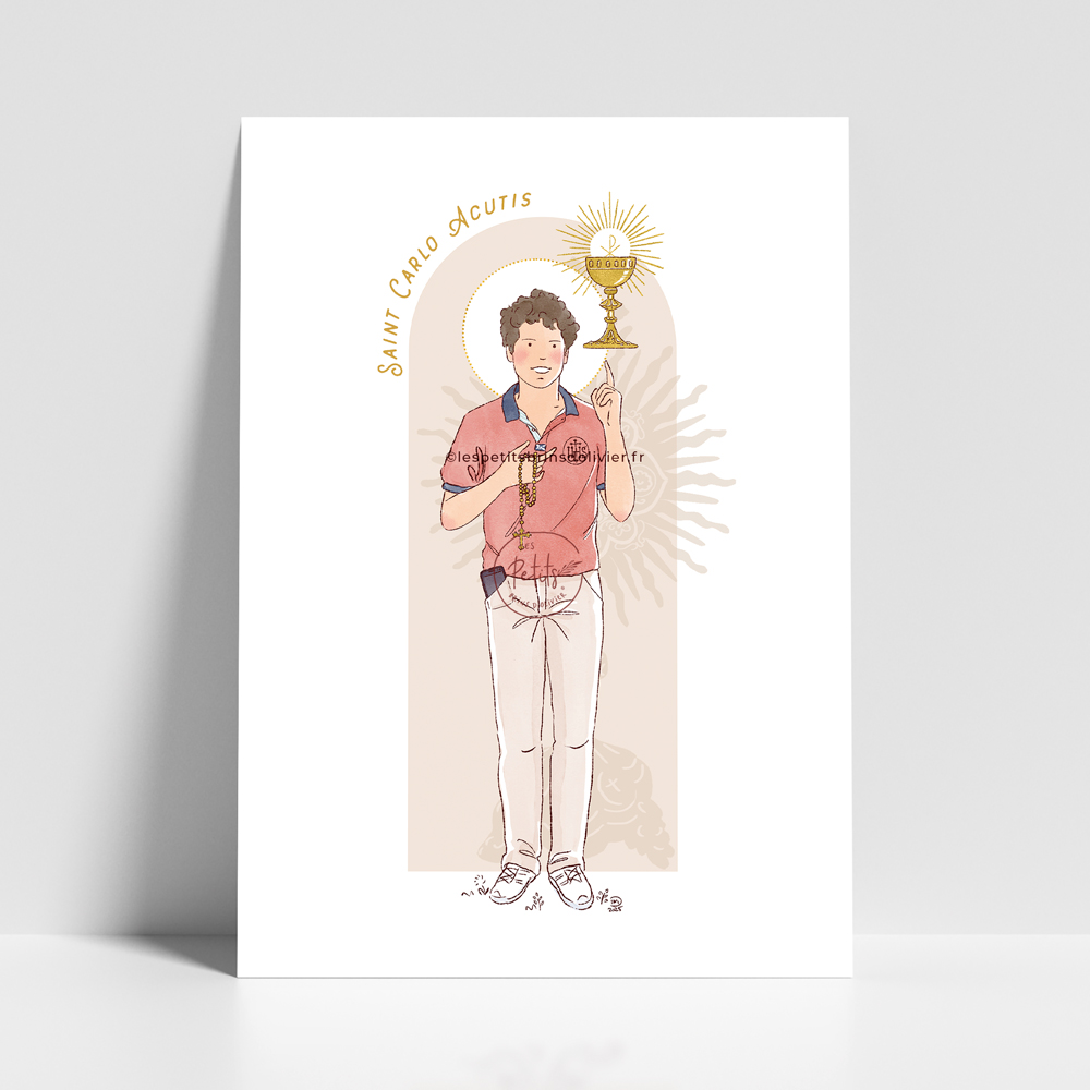 Saint Carlo Acutis - Affiche saint patron illustré - Illustration originale ©Les Petits Brins d’Olivier – Isabelle Monnerot-Dumaine.