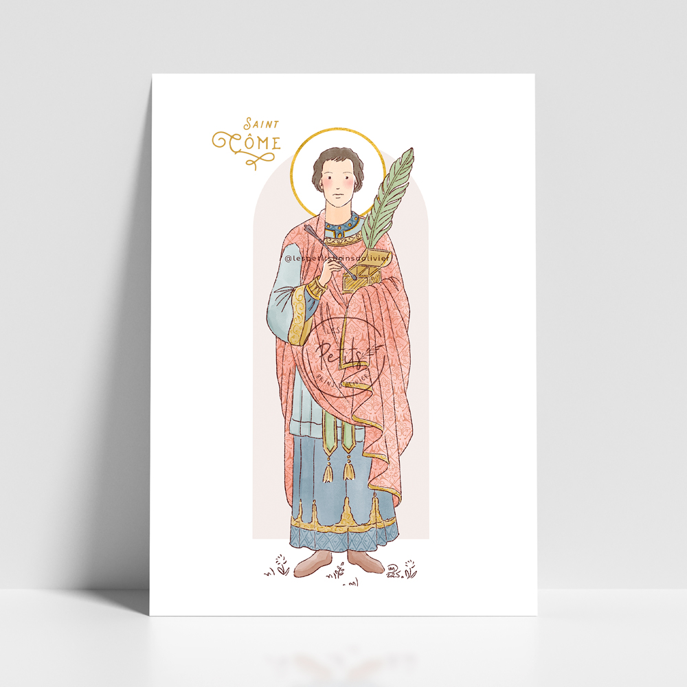 Saint Côme - Affiche, carte prière illustration saint patron illustré - Illustration originale ©Les Petits Brins d’Olivier – Isabelle Monnerot-Dumaine.
