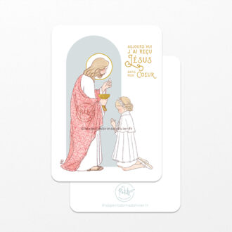 Image signet de première communion Jésus Eucharistie version fille, inscriptible au verso - blonde, arcade vert-de-gris - Illustration originale ©Les Petits Brins d'Olivier - Isabelle Monnerot-Dumaine