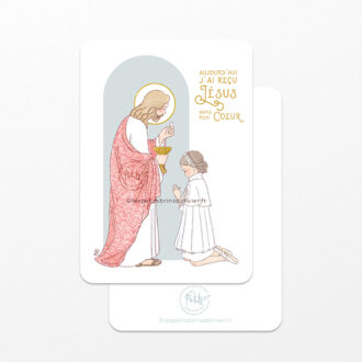 Image signet de première communion Jésus Eucharistie version fille, inscriptible au verso - châtain brune, arcade vert-de-gris - Illustration originale ©Les Petits Brins d'Olivier - Isabelle Monnerot-Dumaine