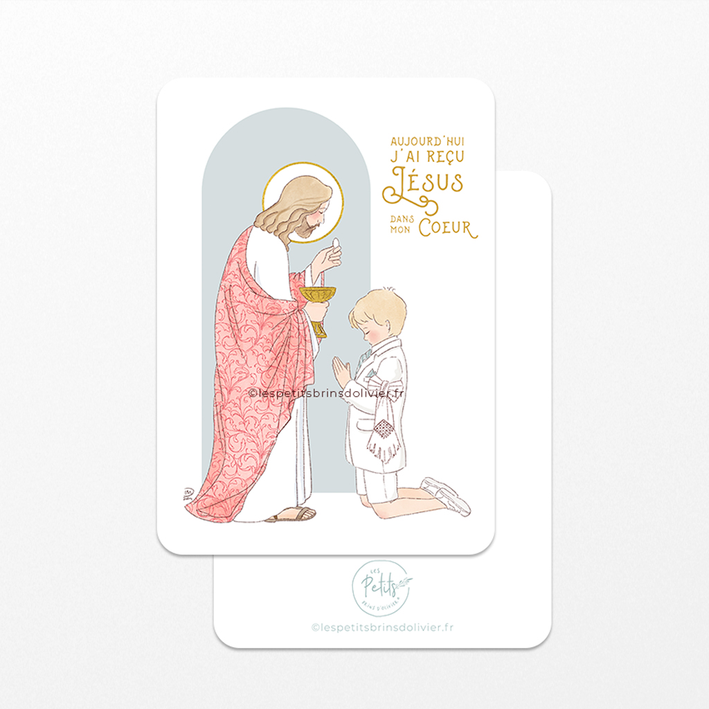 Image signet de première communion Jésus Eucharistie version Garçon, inscriptible au verso - Blond, arcade vert-de-gris - Illustration originale ©Les Petits Brins d'Olivier - Isabelle Monnerot-Dumaine