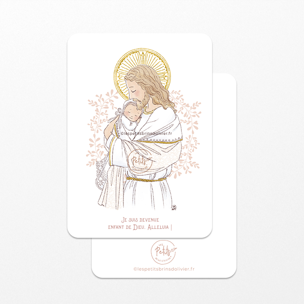 Image signet de baptême "Je suis devenue enfant de Dieu, Alléluia !" - Illustration originale ©Les Petits Brins d’Olivier – Isabelle Monnerot-Dumaine.