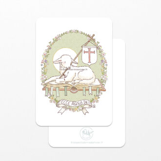 Image signet de première communion Ecce Agnus Dei fleuri vert (Voici l'Agneau de Dieu) - Illustration originale ©Les Petits Brins d'Olivier - Isabelle Monnerot-Dumaine