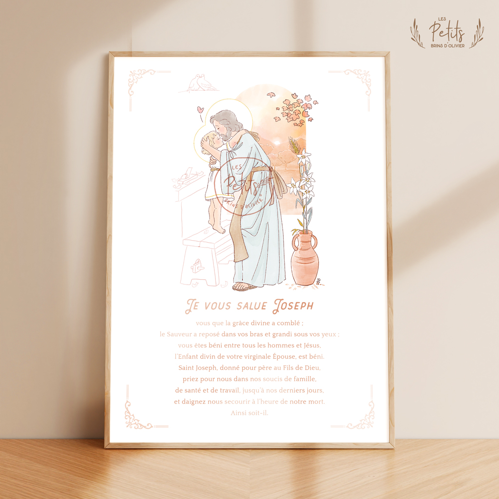 Je vous salue Joseph affiche prière illustrée - © Illustration originale Isabelle Monnerot-Dumaine – Les Petits Brins d’Olivier.