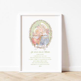 Je vous salue Marie, affiche prière illustrée d'après la Vierge à l'Enfant de Sandro Botticelli, version verte. © Illustration originale Isabelle Monnerot-Dumaine – Les Petits Brins d’Olivier.