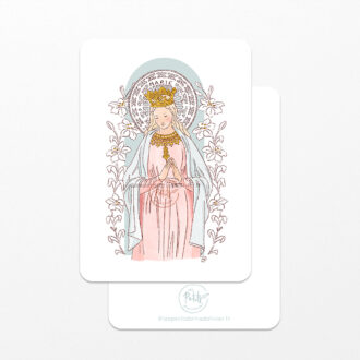 Sainte Vierge Marie aux lys et Canivet - Image signet de baptême © Illustration originale Isabelle Monnerot-Dumaine – Les Petits Brins d’Olivier.