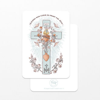 Signet Totus tuus Croix fleurie. Image signet de profession de foi ou de baptême. © Illustration originale Isabelle Monnerot-Dumaine – Les Petits Brins d’Olivier.