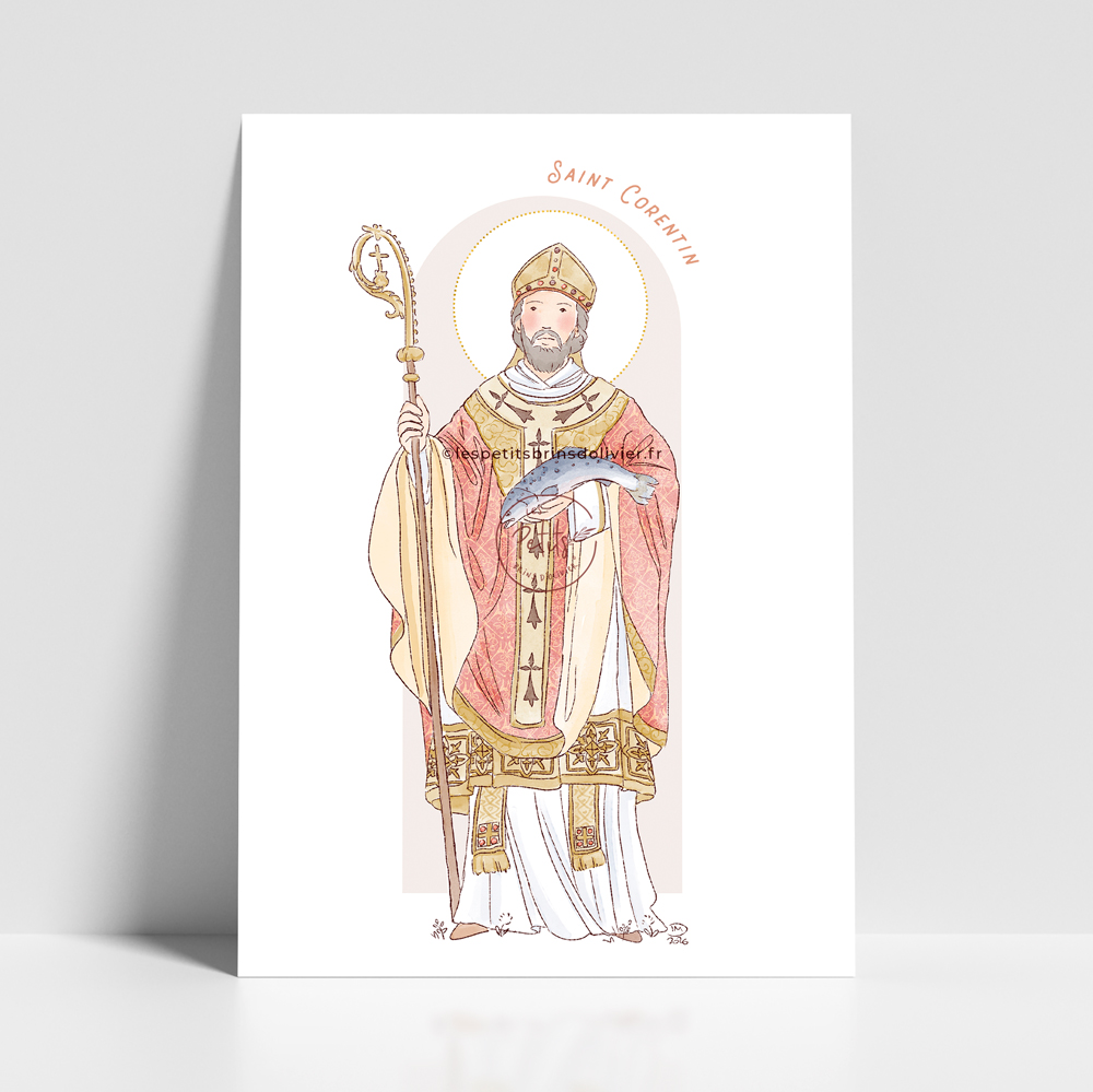 Saint Corentin, évêque de Quimper. Saint patron illustration affiche A4 et A3 - Illustration originale ©Les Petits Brins d’Olivier – Isabelle Monnerot-Dumaine.