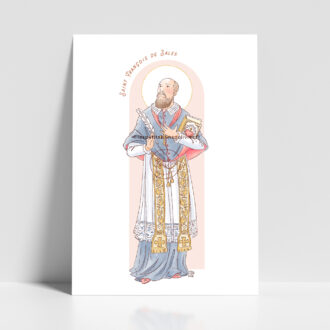 Saint François de Sales. Saint patron illustration affiche A4 et A3 - Illustration originale ©Les Petits Brins d’Olivier – Isabelle Monnerot-Dumaine.