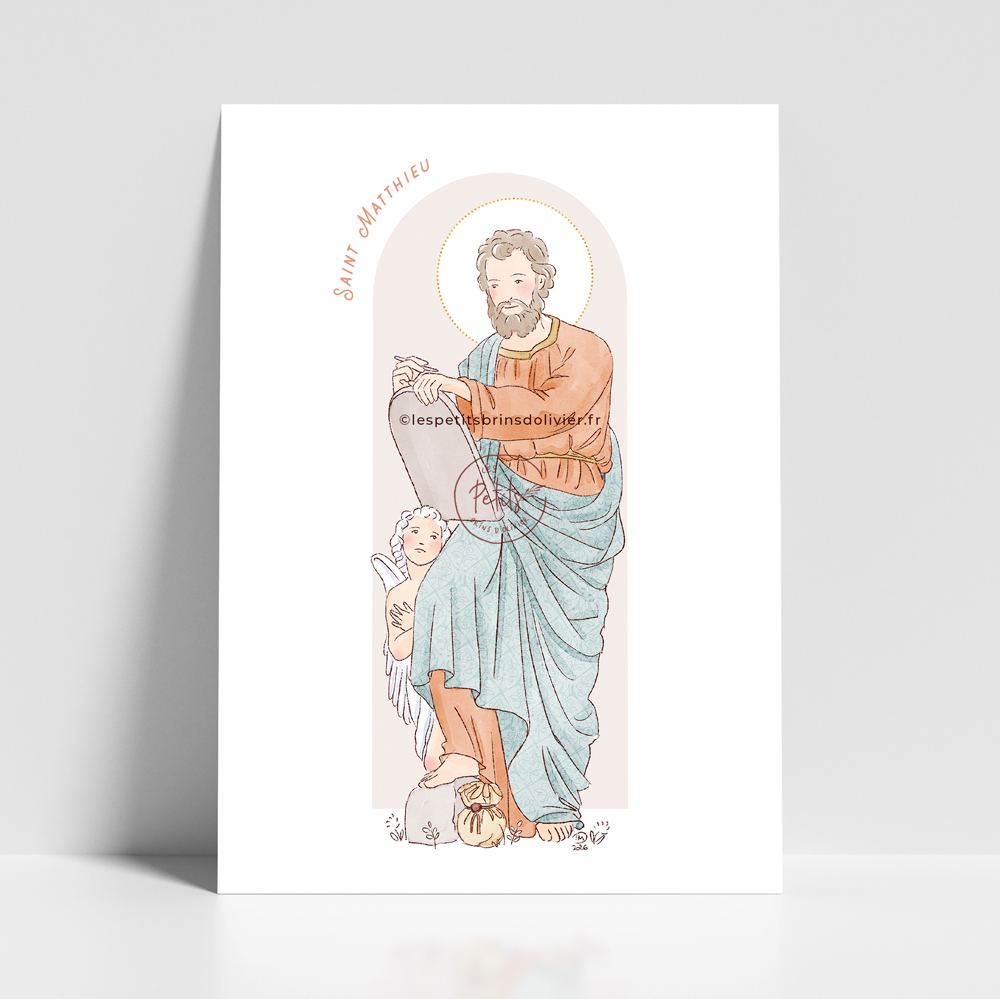 Saint Matthieu l'Évangéliste. Saint patron illustration affiche A4 et A3 - Illustration originale ©Les Petits Brins d’Olivier – Isabelle Monnerot-Dumaine.