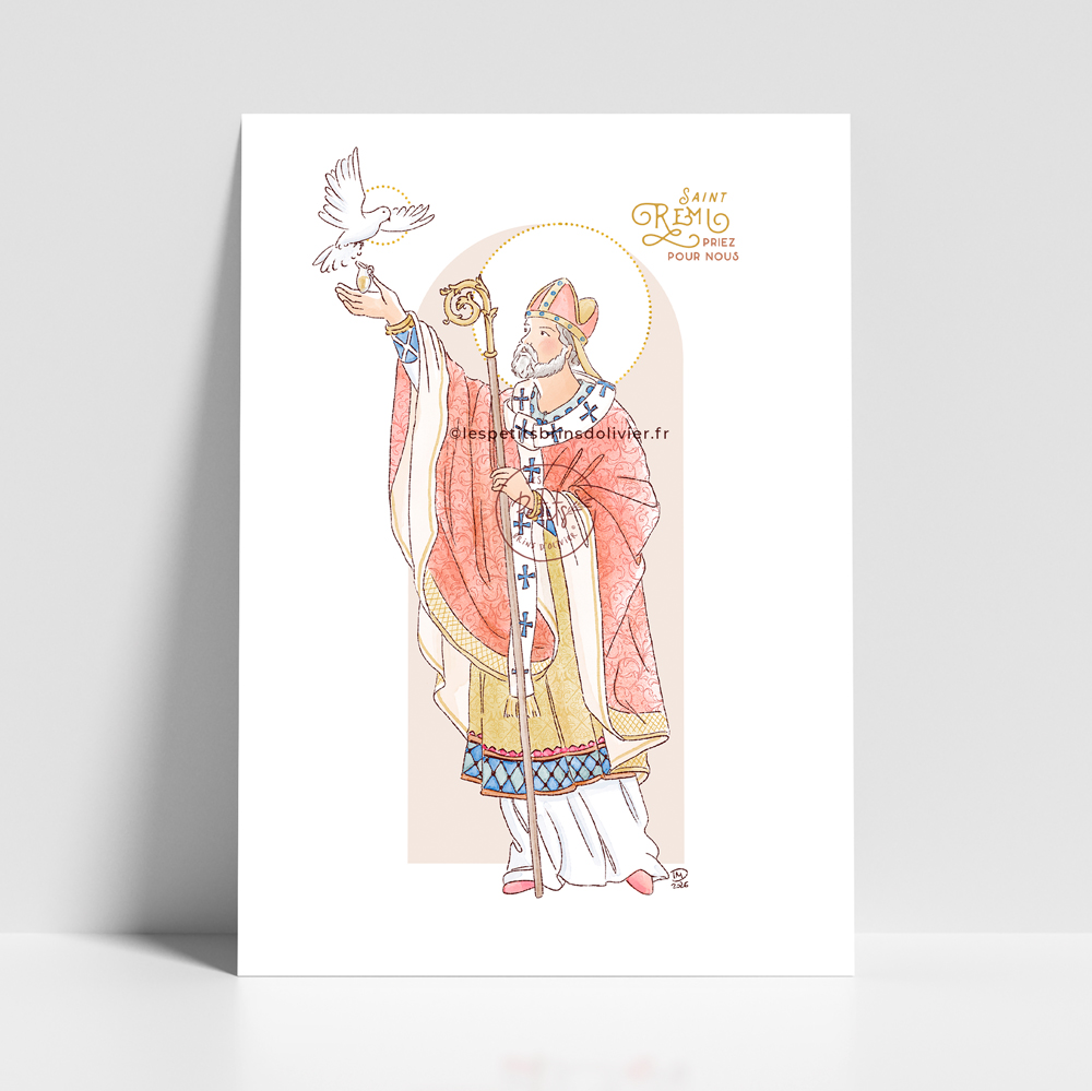Saint Remi ou Rémi. Saint patron illustration affiche A4 et A3 - Illustration originale ©Les Petits Brins d’Olivier – Isabelle Monnerot-Dumaine.
