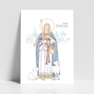 Illustration of Saint Geneviève with a halo, blue cloak, and staff, flanked by two sheep, with church and ship outlines in the background; text reads “Sainte Geneviève Priez Pour Nous.”