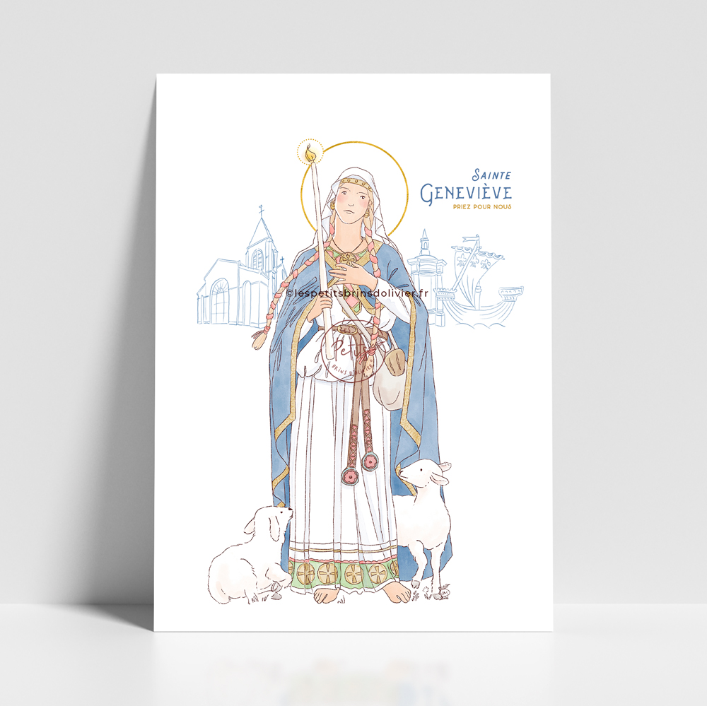 Illustration of Saint Geneviève with a halo, blue cloak, and staff, flanked by two sheep, with church and ship outlines in the background; text reads “Sainte Geneviève Priez Pour Nous.”